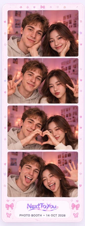 A Kawaii Cute strip with pastel bows: a couple lean together for a smile, peace signs, heart hands and a playful tongue-out shot.